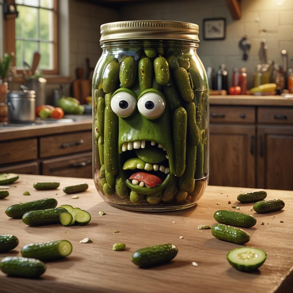 Horrified Pickle Stares at Chopped Pickles, Digital Art