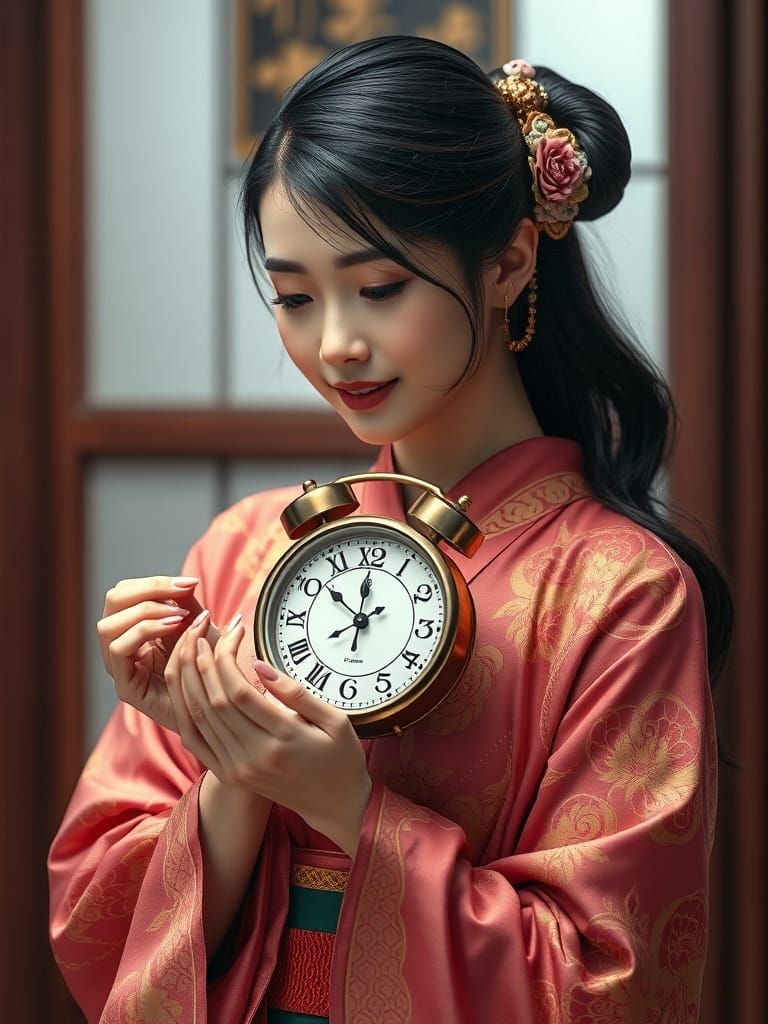 Asian Woman in Kimono Holding Clock: Clockpunk Style