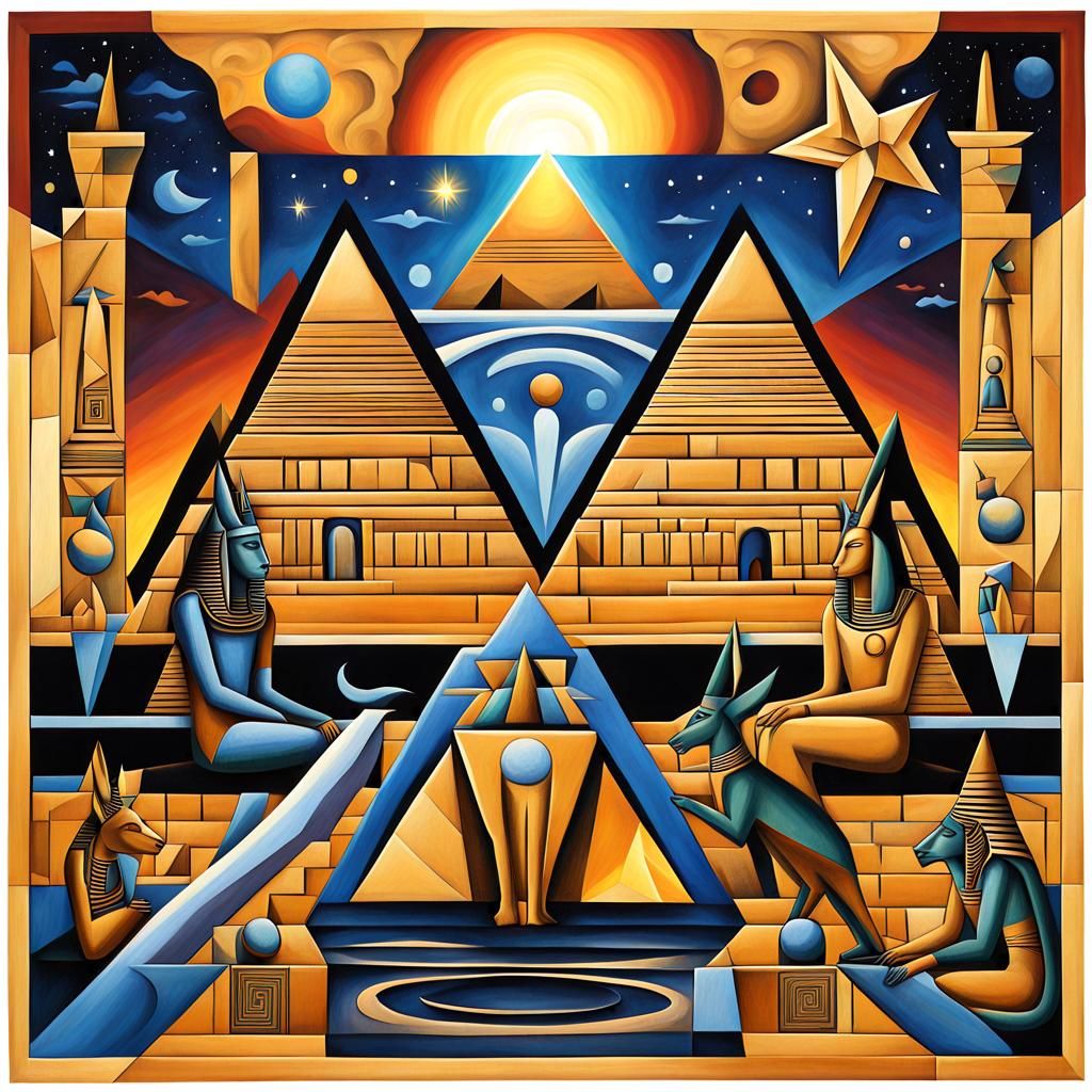 Surreal Cubist Dreamscape with Sphinx and Pyramid