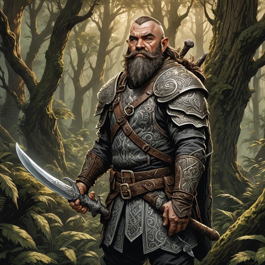 Dwarf Ranger at Forest Edge, Fantasy Illustration