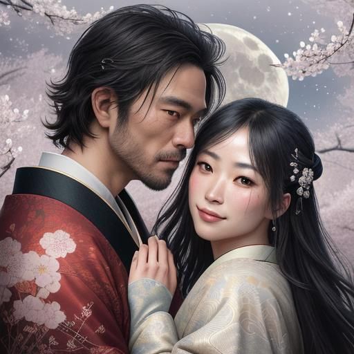Moonlit Samurai and Geisha Under Cherry Blossoms