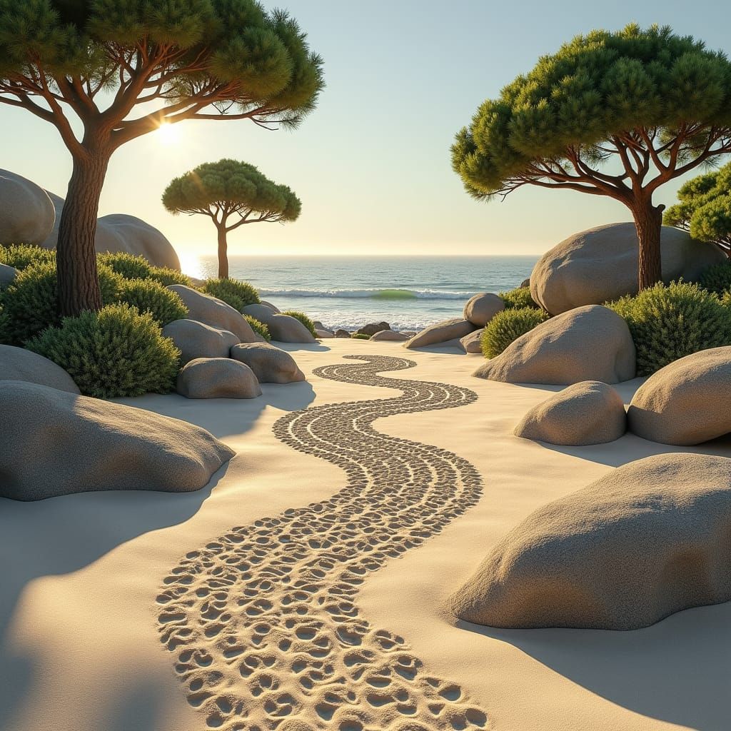 Peaceful Zen Garden with Optical Sand Drawings