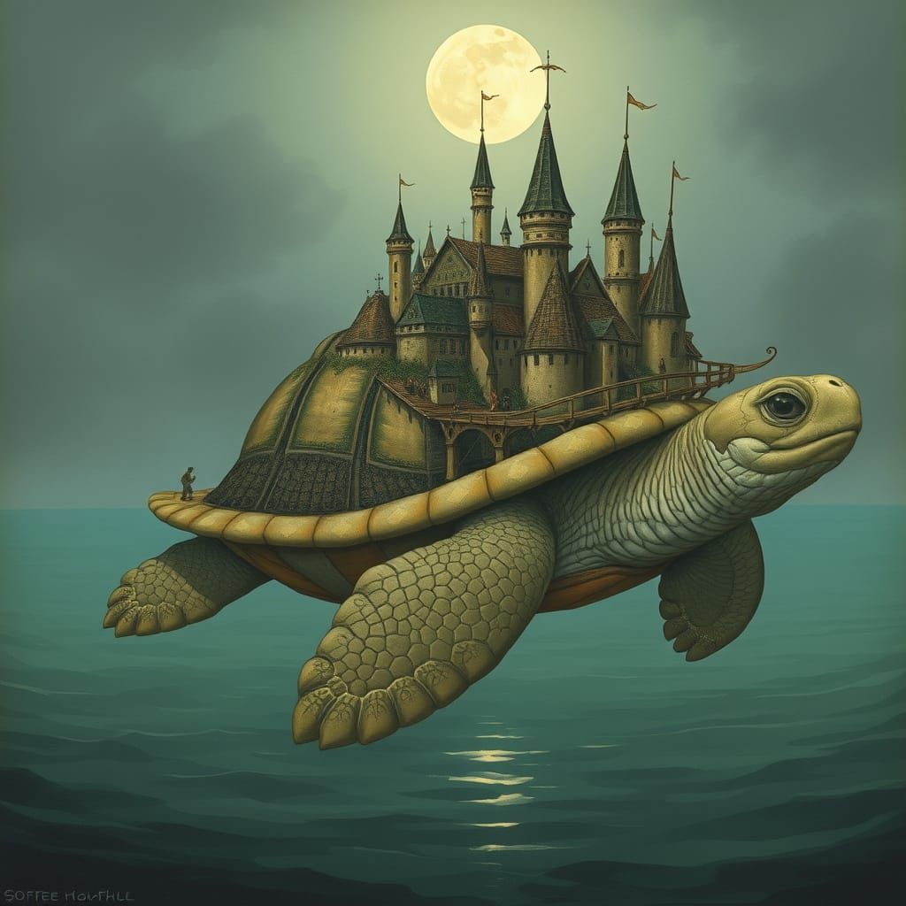Fantasy City on Turtle's Back, Dreamlike Illustration
