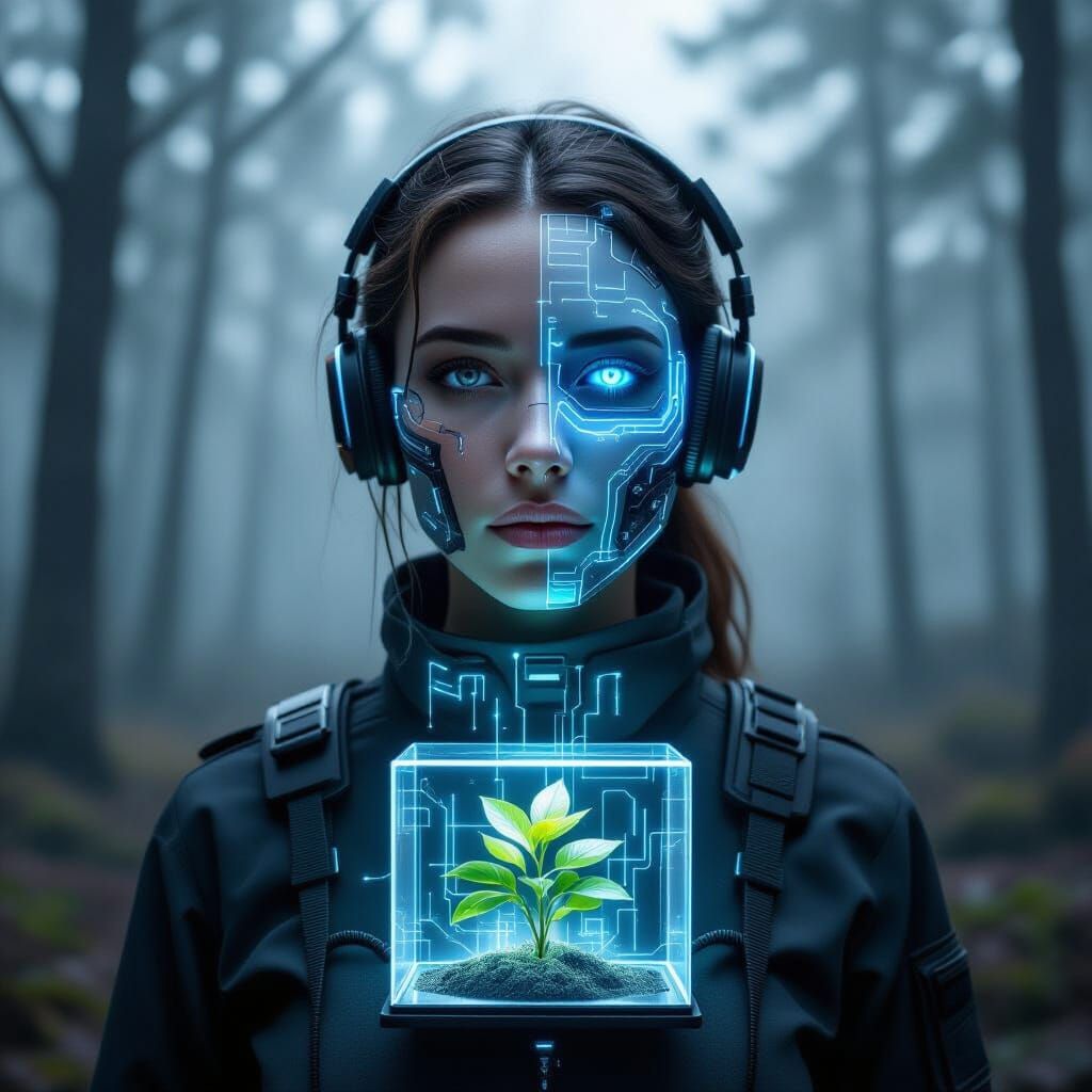 Hyperrealistic Dystopian Portrait in Misty Forest