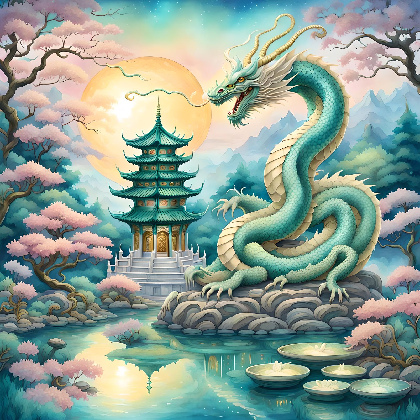Eastern Dragon in Oriental Watercolor Fantasy Art