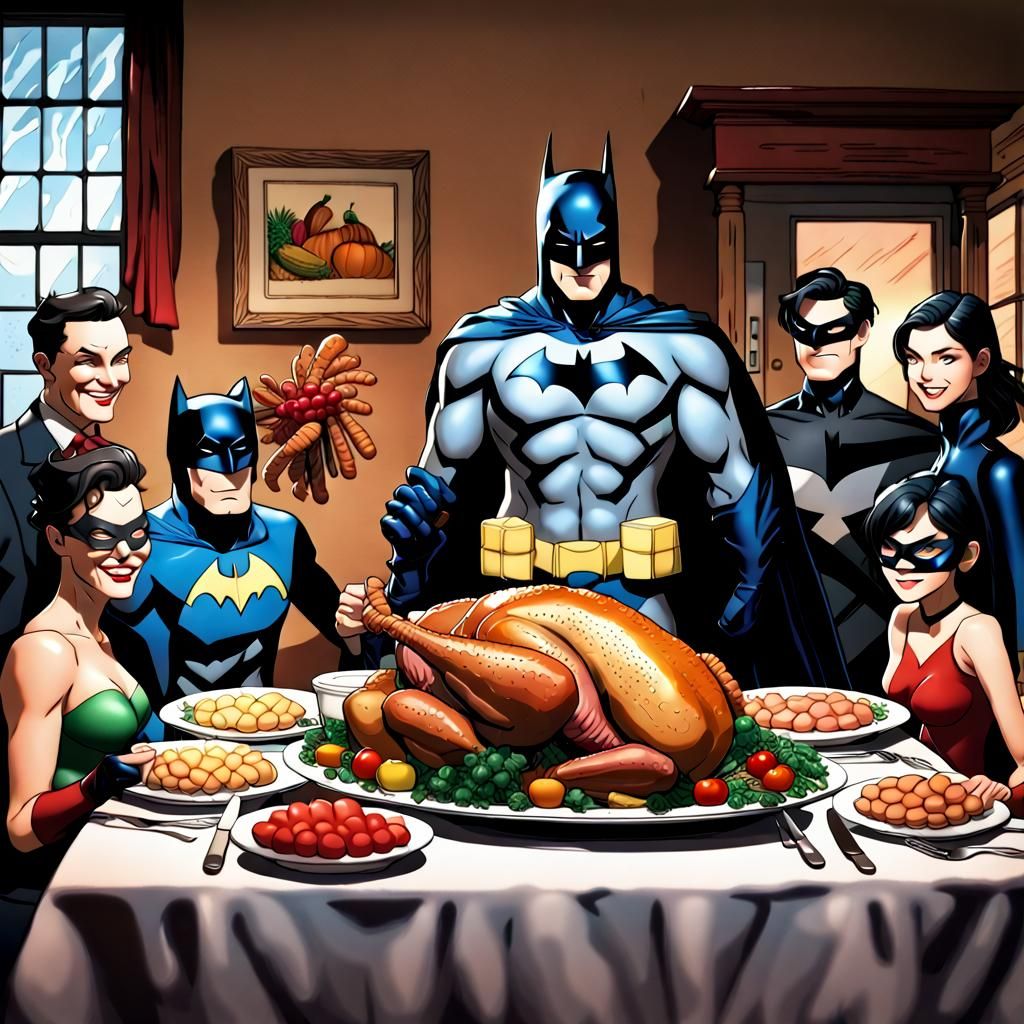 Batman Thanksgiving Dinner in Watercolor Style