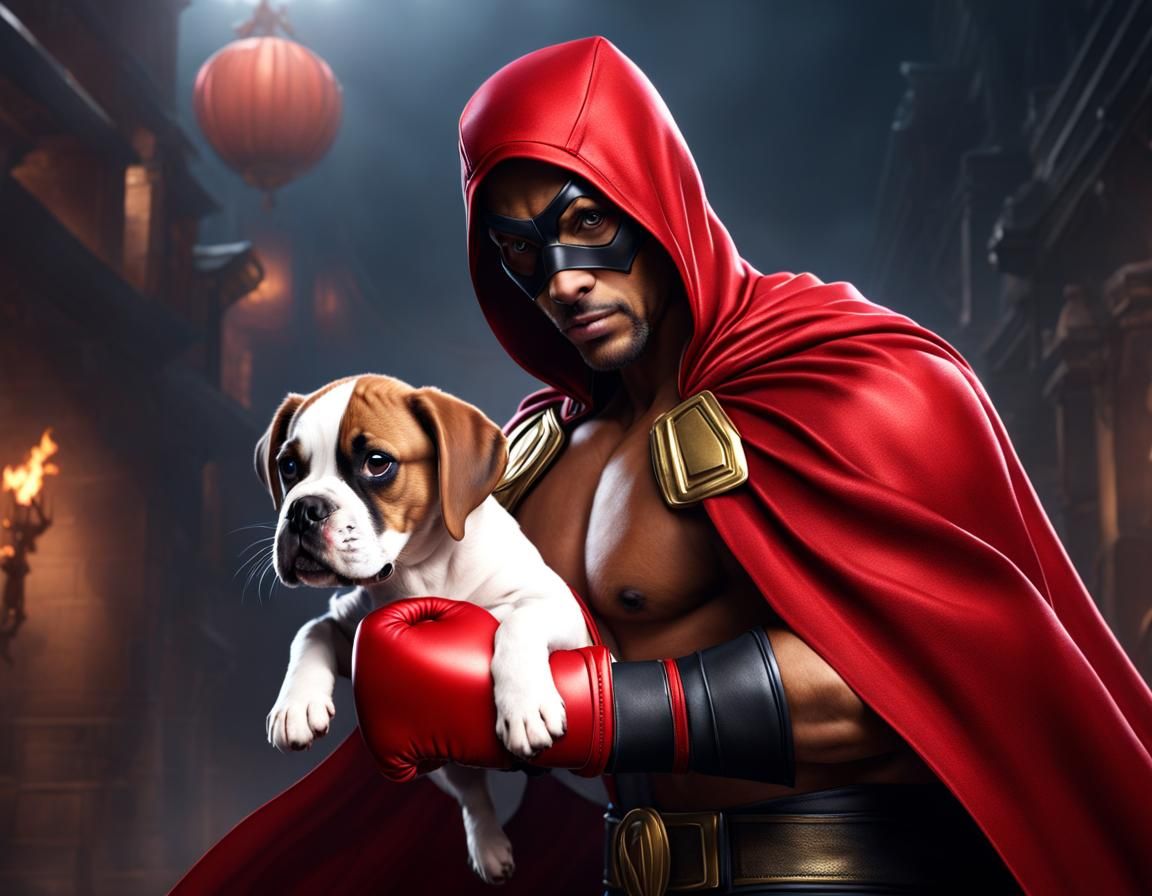 Superhero Boxer Saving Puppy: Detailed Matte Painting