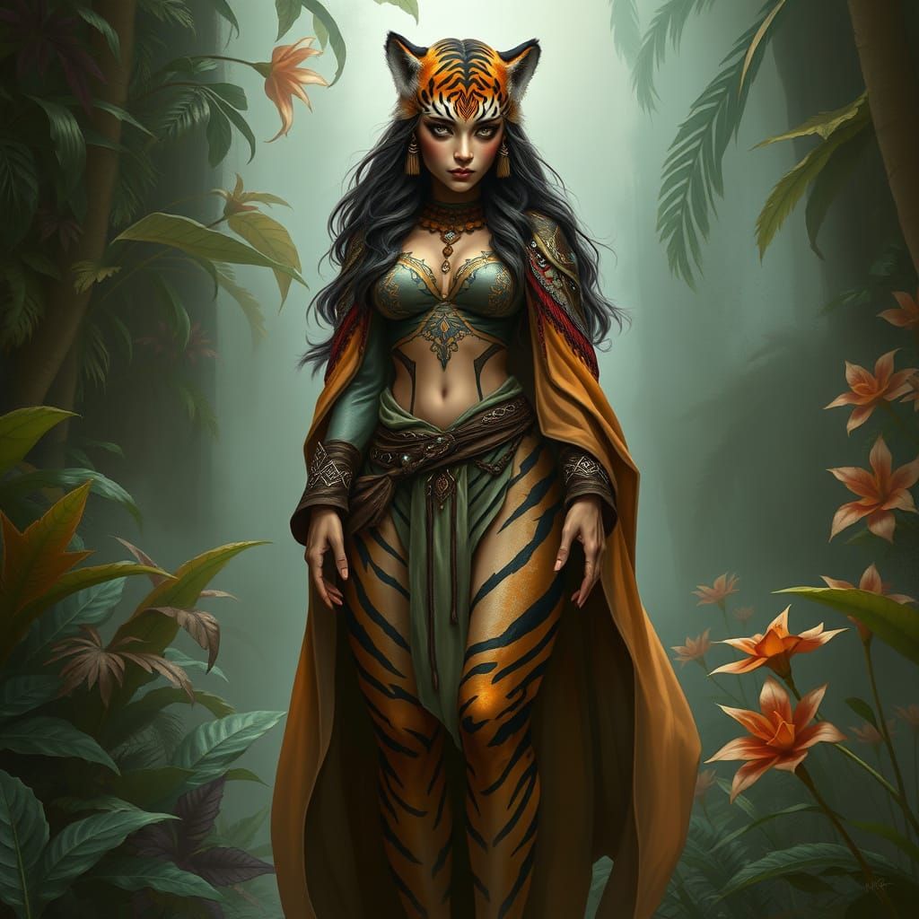 Mystical Tiger Hybrid Goddess in a Vibrant Jungle Realm