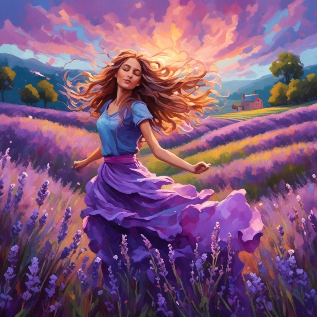 Woman Dancing in Lavender Field: Colorful Graffiti Art