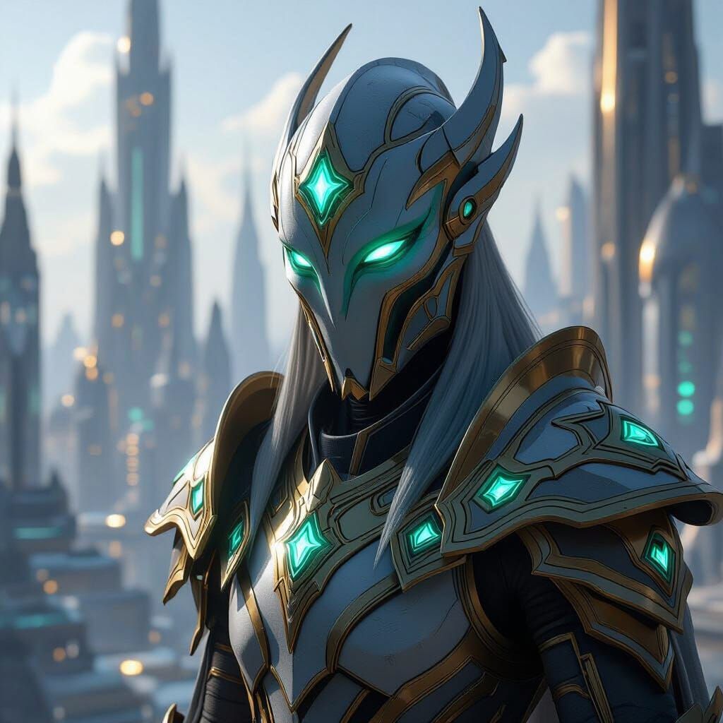 Protoss Warrior in Golden Armor, Futuristic City Background
