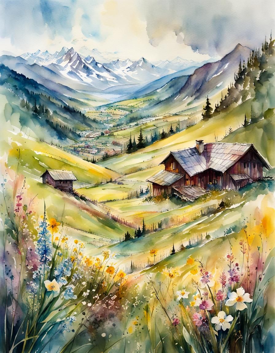 Watercolor Alpine Valley Spring Flower Painting