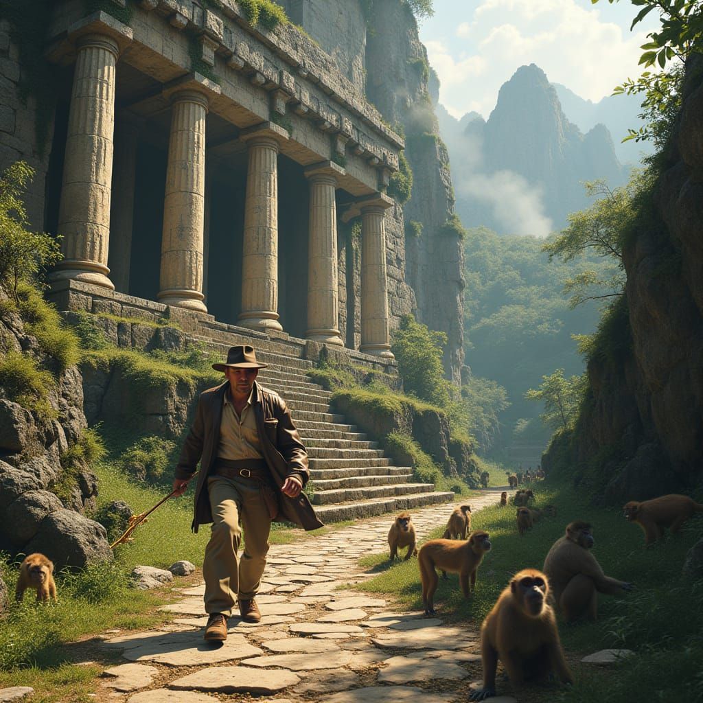 Indiana Jones Escapes Jungle Temple with Golden Spear