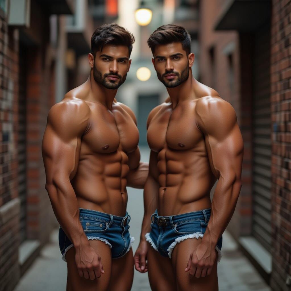 Muscular Indian Men in Denim: Photorealistic Alley Scene