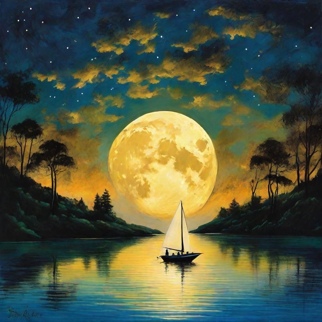 Golden Moonlit Sailboat on Calm Lake