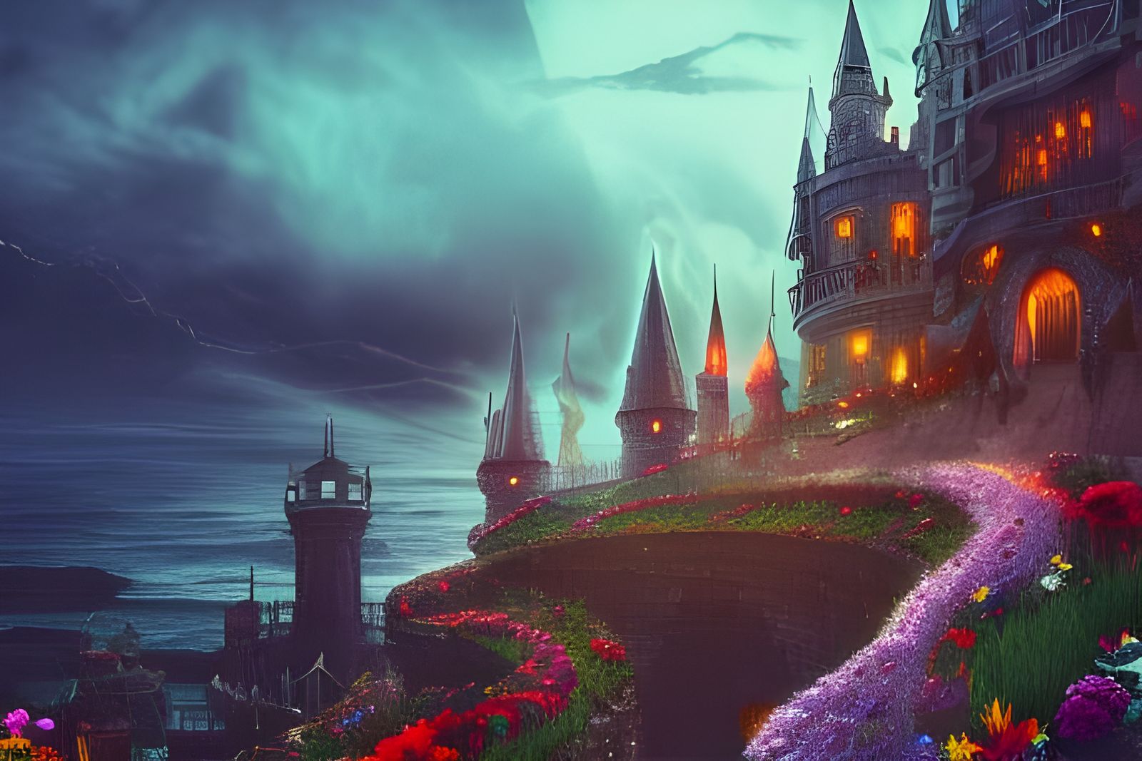 Fantasy Seaside City with Sea Dragon and Magic