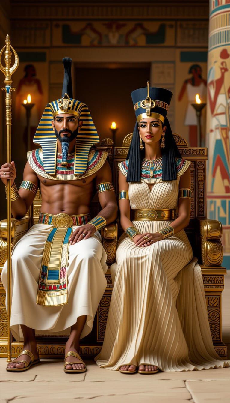 Egyptian Pharaoh and Queen on Golden Thrones