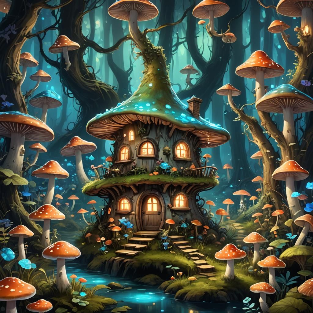 Enchanted Fairy Mushroom House in Bioluminescent Forest