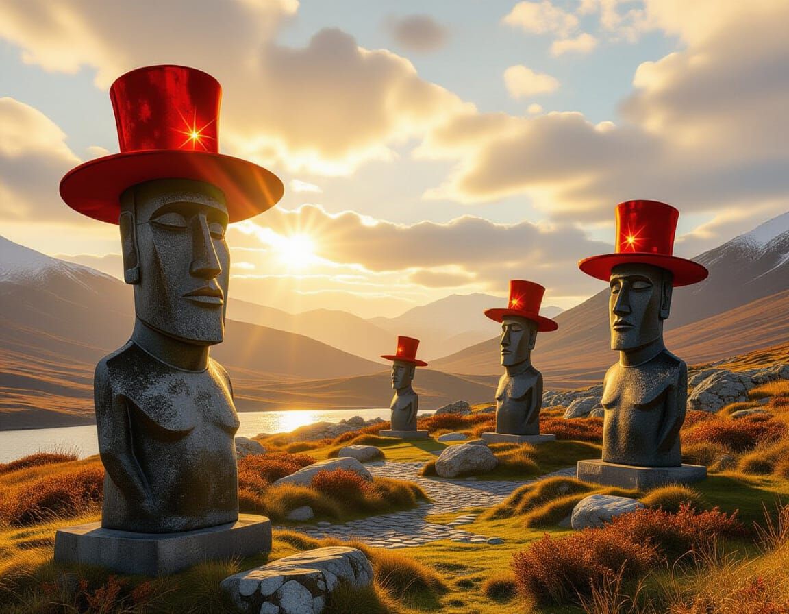 Citrine Moai Statues with Ruby Hats on Skye