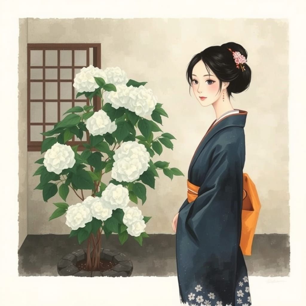 Serene Woman with Hydrangea in Yamato-e Style