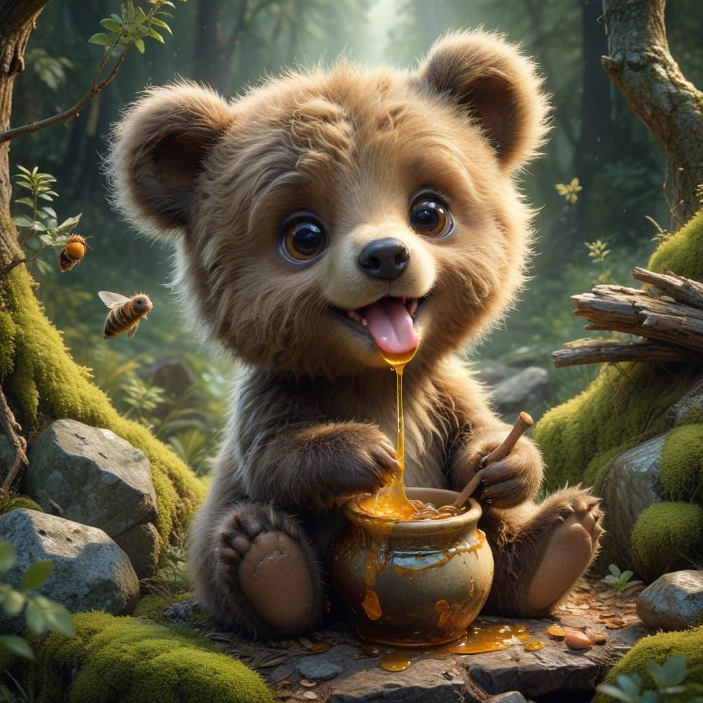 Happy Honey Bear Cub in Forest