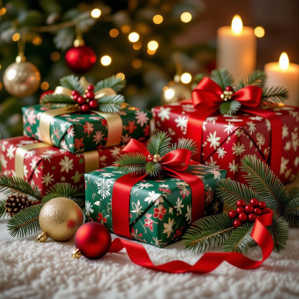 Christmas Gifts with Holly and Ribbons in Studio Setting