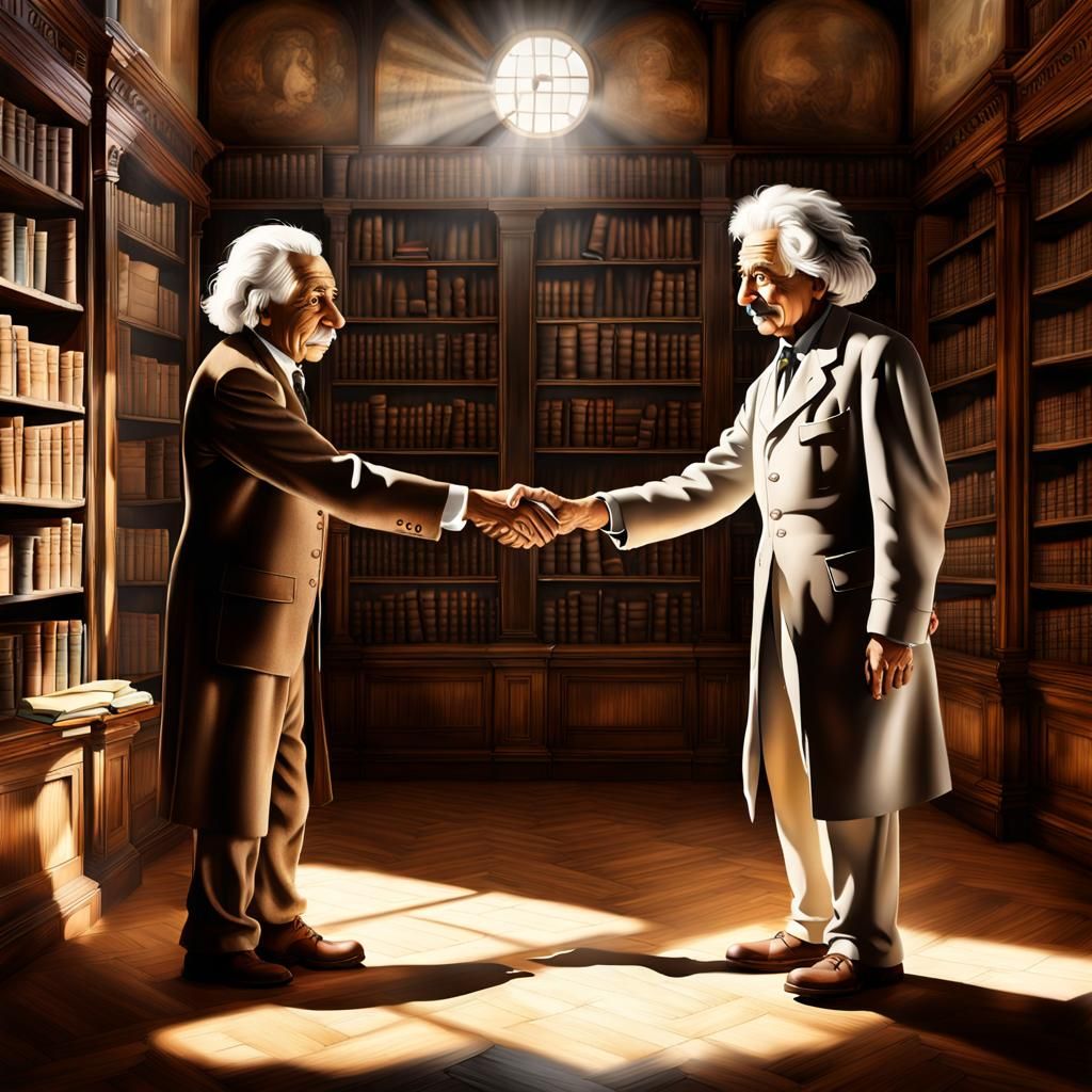 Einstein and Newton in Dusty Library