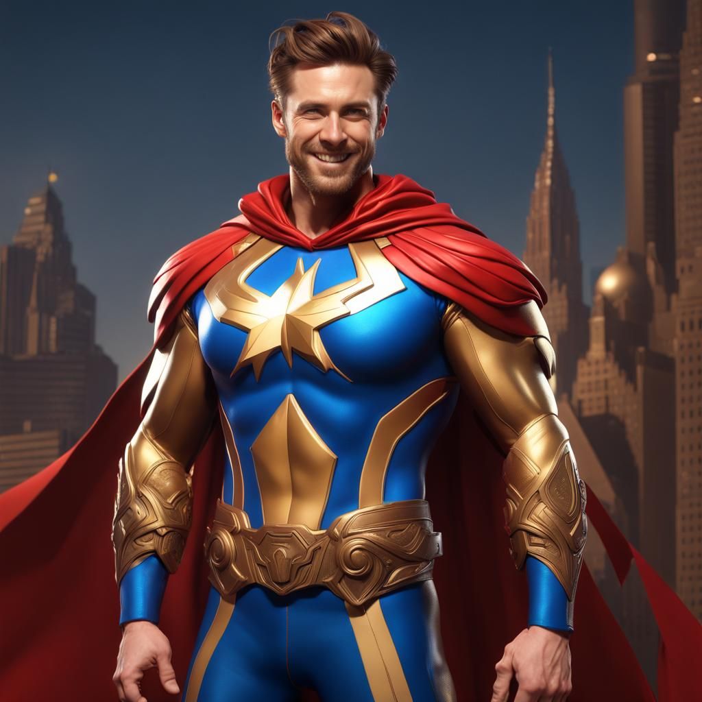 Smiling Male Superhero in Golden Suit, Fantasy Art