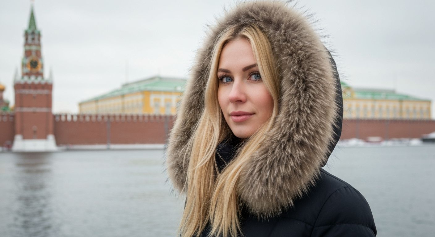 Russian Woman Poses in Snowy Moscow Near Kremlin