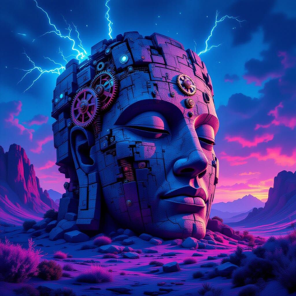 Ancient Steampunk Stone Head in Alien Landscape