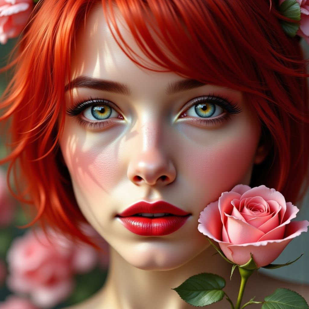 Hyperrealistic Woman Portrait with Pink Rose Accent