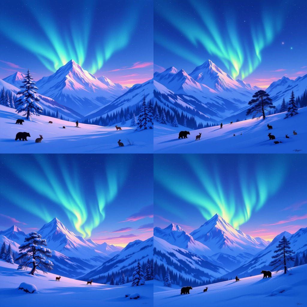 Majestic Snowy Mountains Under Aurora Sky