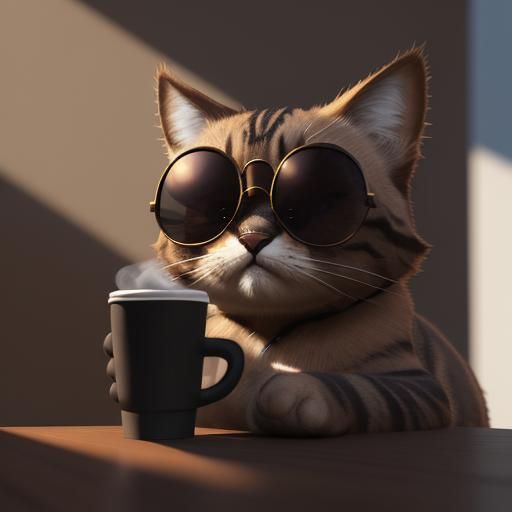 Coffee Cat with Sunglasses in 3D Rendering