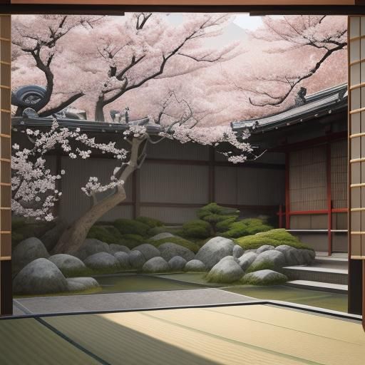 Samurai in Cherry Blossom Garden