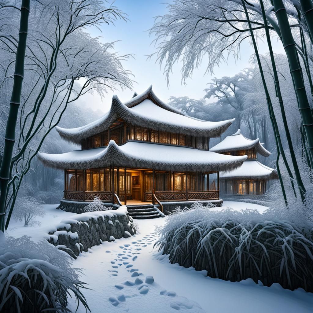 Jungle House in Winter Wonderland, Pre-Raphaelite Style