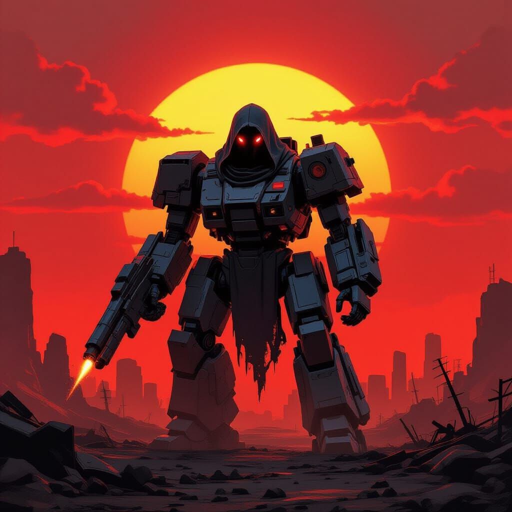 Armored Mech Silhouette on Alien World