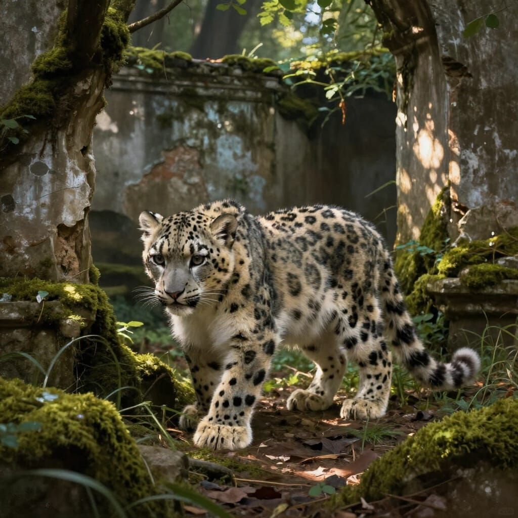 Snow Leopard Cub Explores Ancient Mossy Ruins in Painterly S...