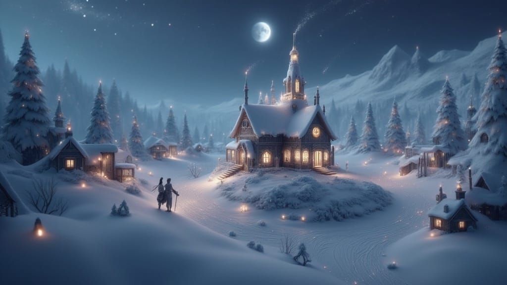 Pixar Style Snow Village with Fairy Lights