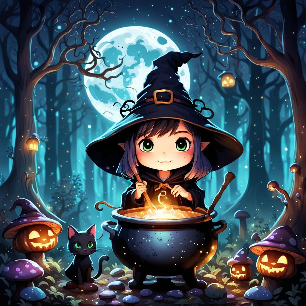 Chibi Witch Brews Potion in Enchanted Forest