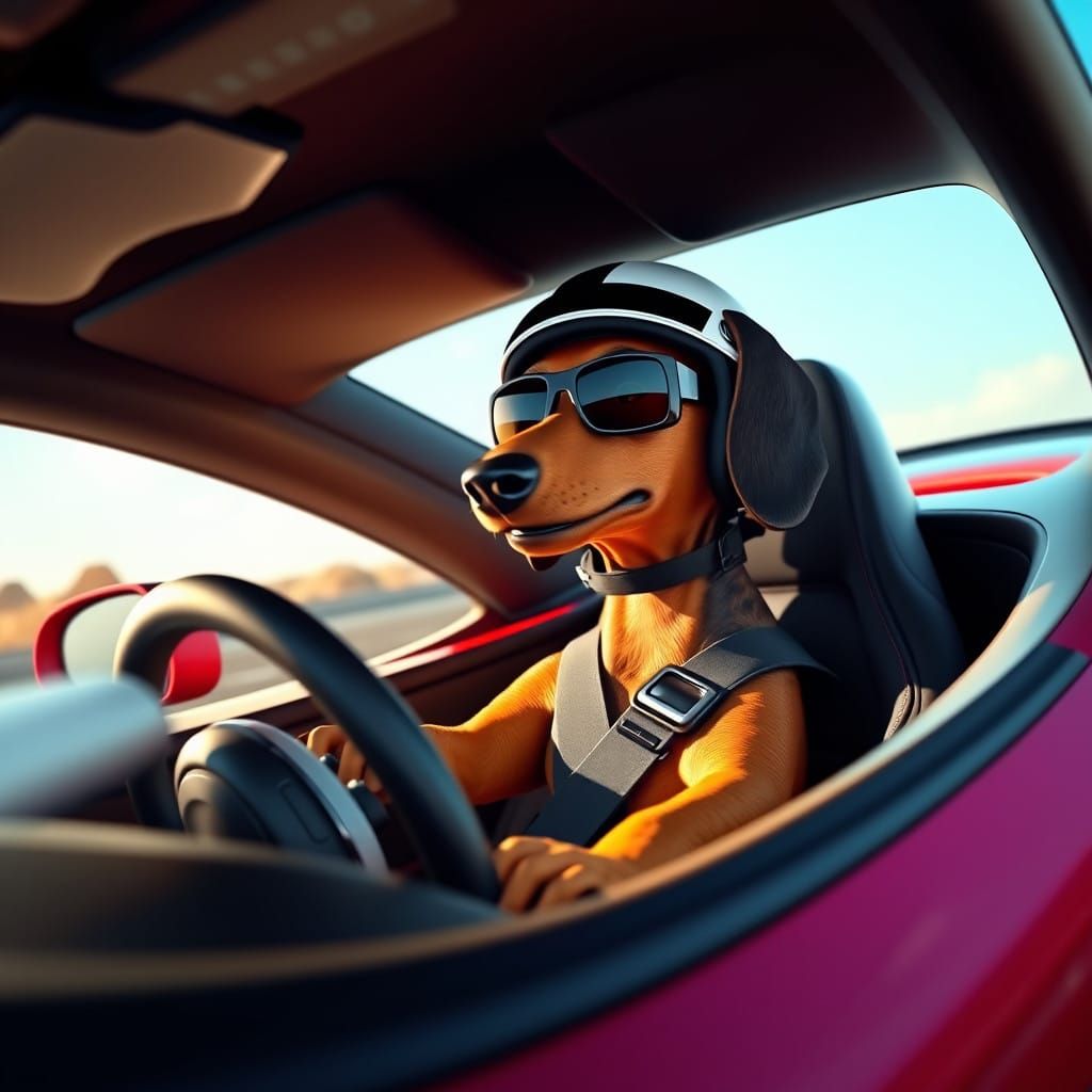 Dachshund Speedster in Futuristic Sports Car