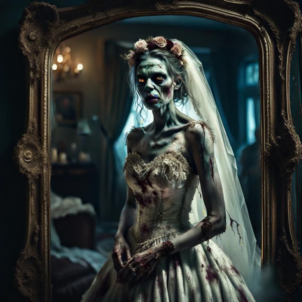 Detailed Zombie Bride in Tattered Wedding Dress