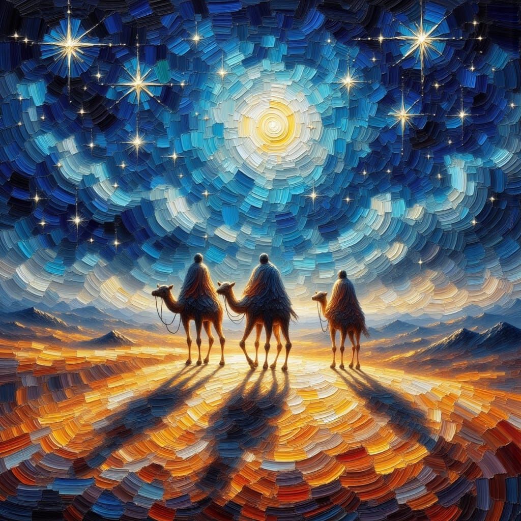 Three Magi Travel Desert Under Brilliant Star