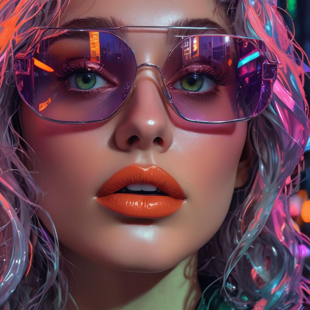 Cyberpunk Woman with Mirrored Glasses in Neon City