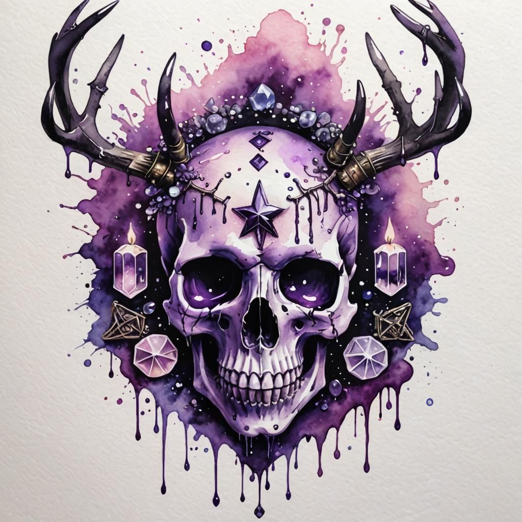 Pastel Goth Skull with Antlers in Watercolor