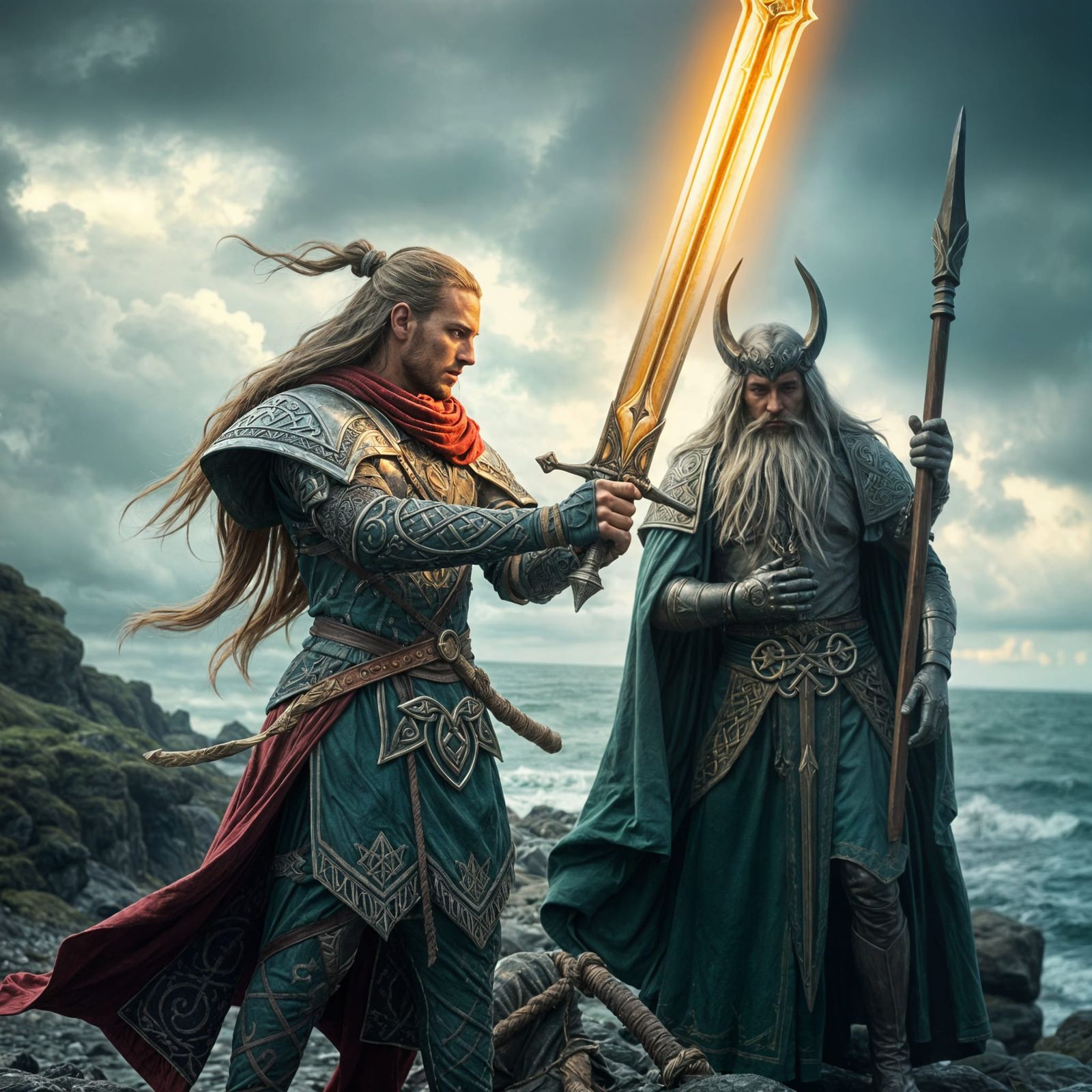 Nuada Airgetlam and his sword Claíomh Solais, with his father Manannán mac Lir God of the sea. IRISH celtic Supernatural...