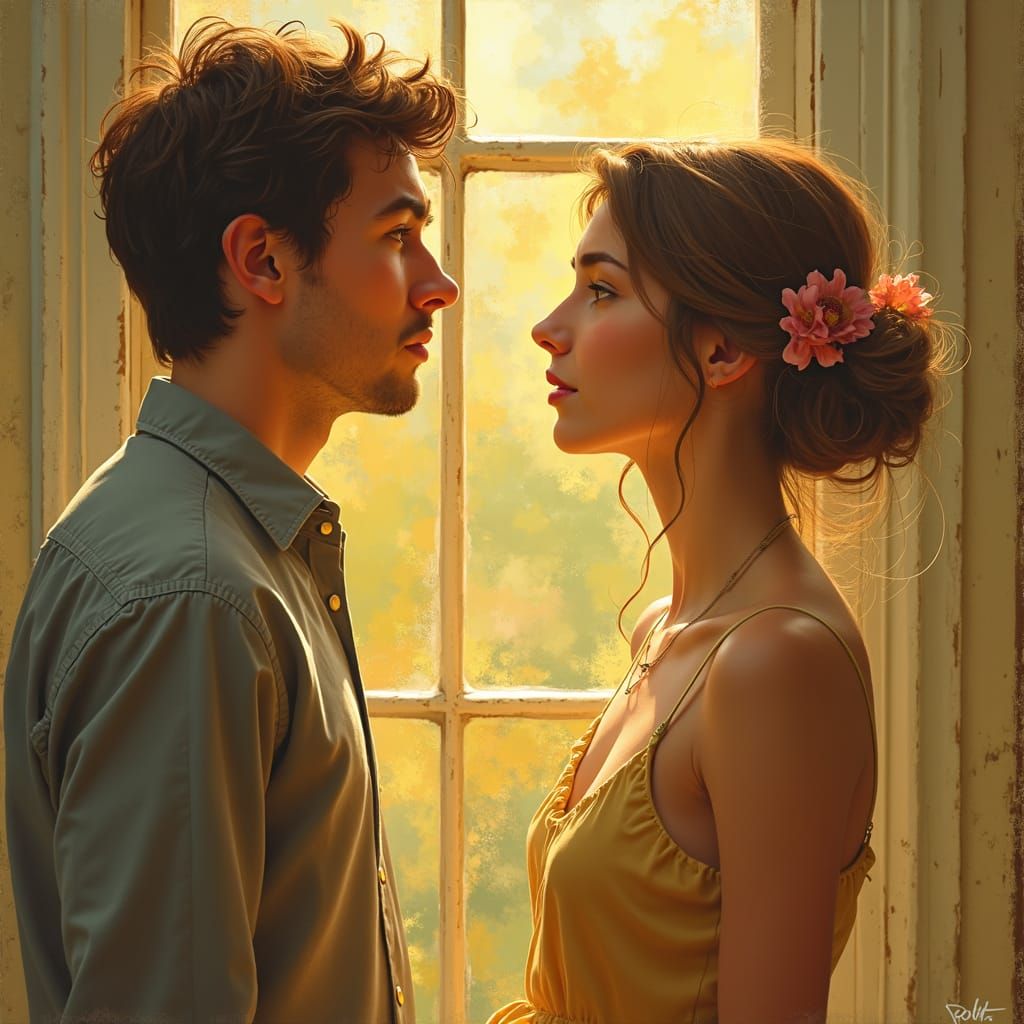 Intimate Gouache Painting of a Couple in Vermeer Style