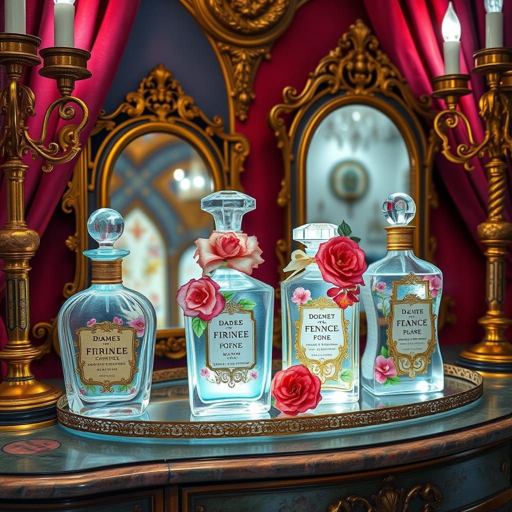 Ethereal Perfume Bottles on Opulent French Vanity in Gouache...