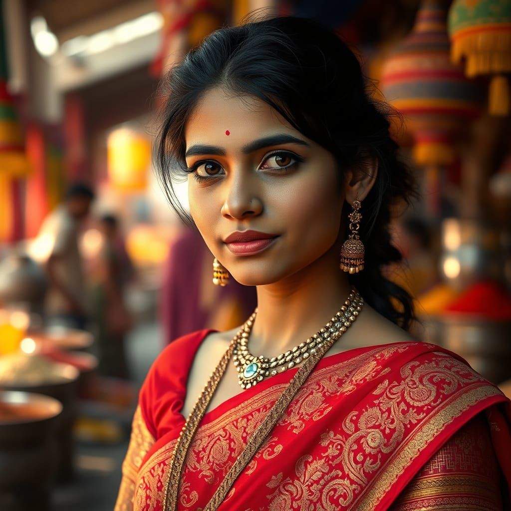 Bengali Woman in Red Saree: Hyperrealistic Portrait