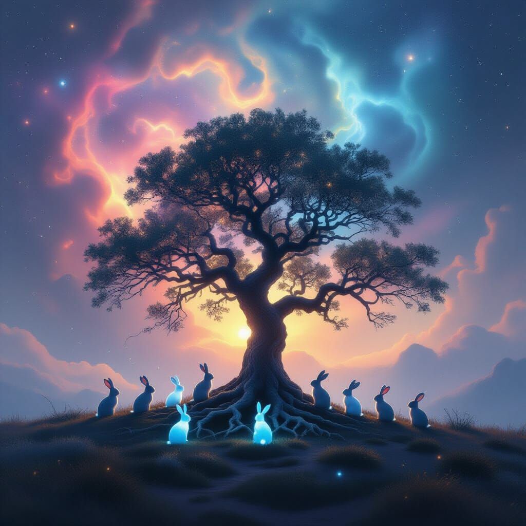 Ancient Tree and Glowing Rabbits in Cosmic Nebula