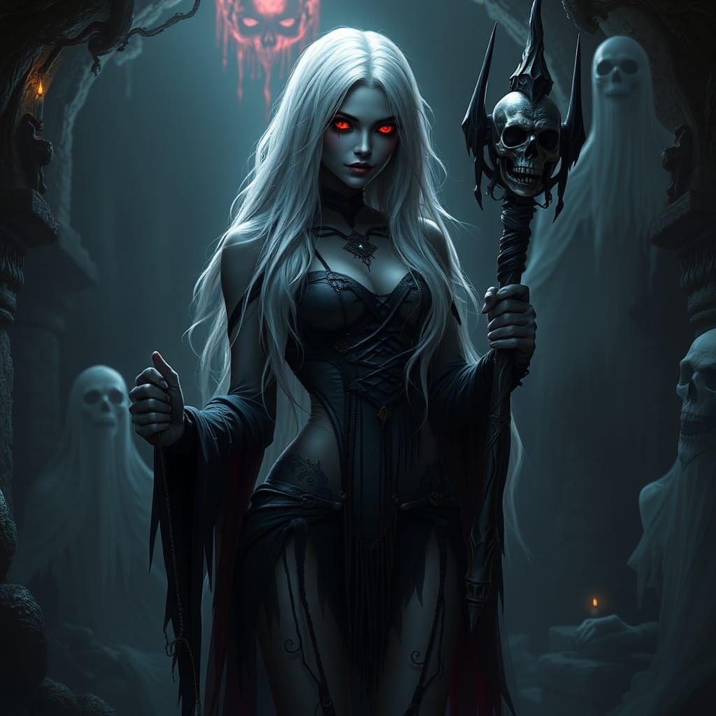 Necromancer in Crypt with Ethereal Glow, Digital Art