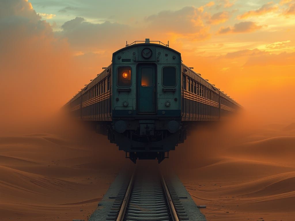 Floating Desert Train Station in Surreal Style
